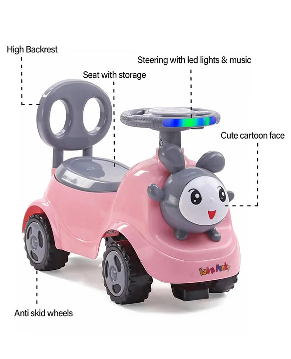 Fab N Funky Baby Panda Deluxe Ride-On with LED Lights & Music and Under Seat Storage - Pink & Grey